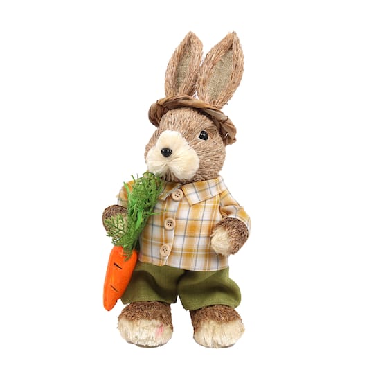 14&#x22; Brown &#x26; Yellow Rustic Boy Rabbit with Carrot Standing Easter Figure